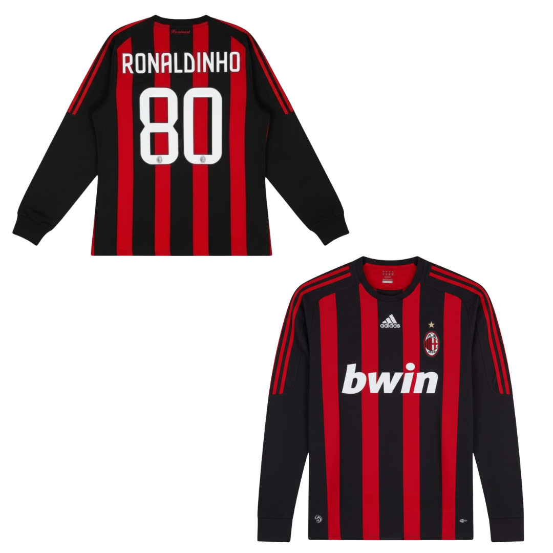 MAILLOT RÉTRO AC MILAN DOMICILE MANCHES LONGUES 2008-2009 + RONALDINHO 80