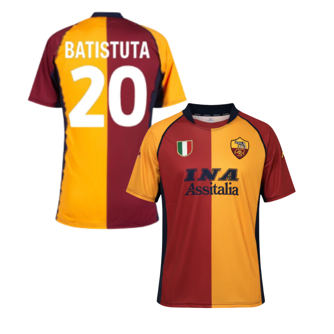 MAILLOT RÉTRO AS ROMA 2001/2002 + BATISTUTA 20 + PATCH CHAMPIONS INCLUS