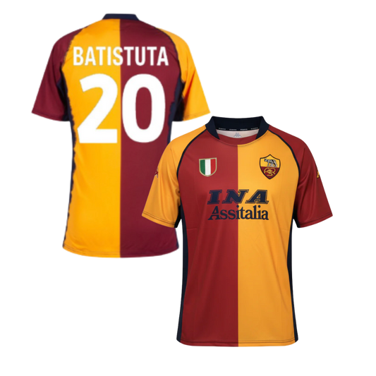 MAILLOT RÉTRO AS ROMA 2001/2002 + BATISTUTA 20 + PATCH CHAMPIONS INCLUS