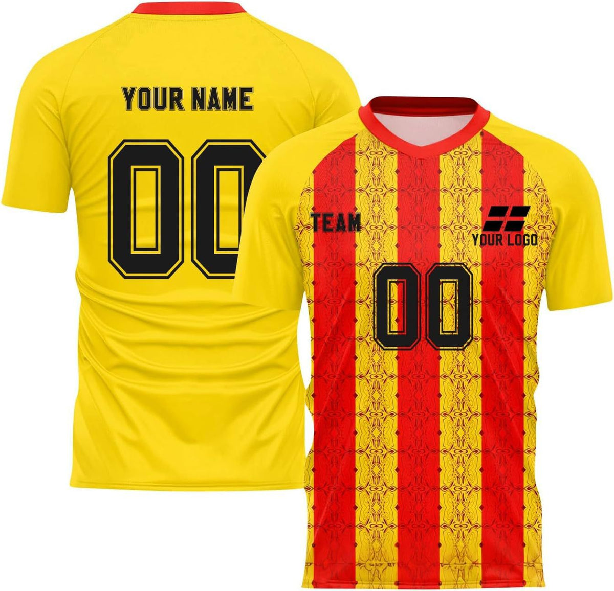 Maillot de foot personnalisé jaune et rouge - nom, numéro, équipe et logo