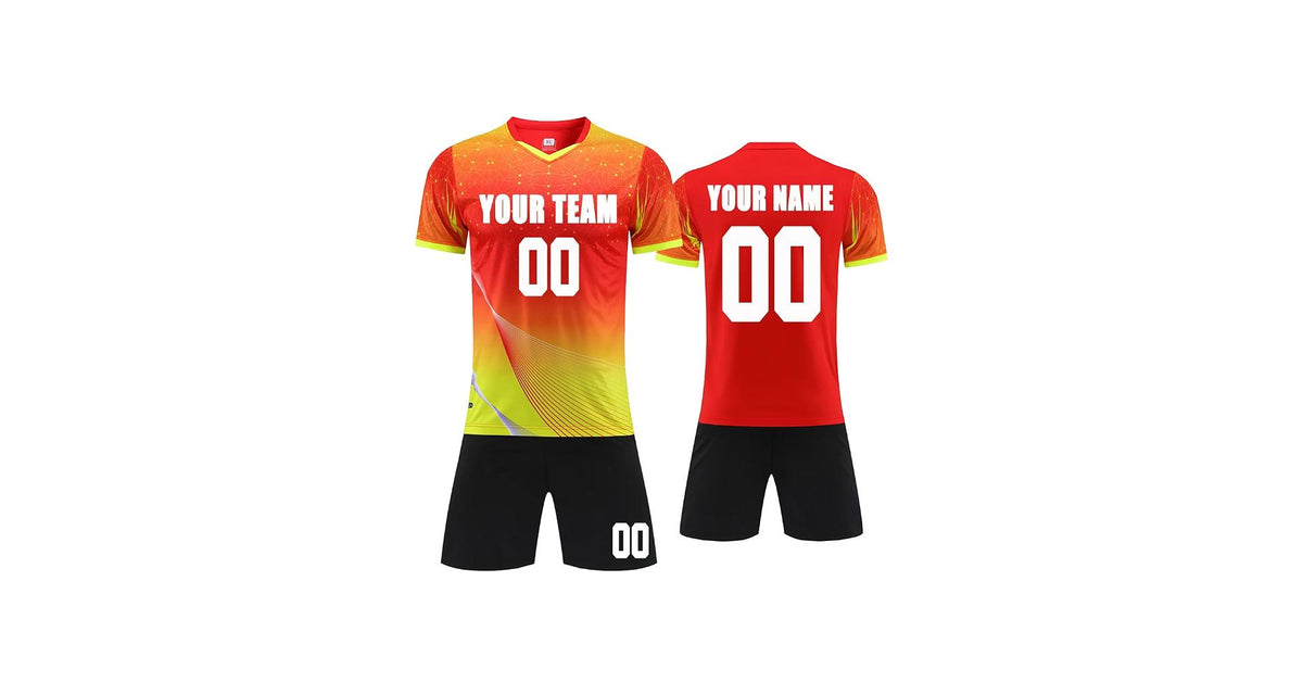 Kit de foot personnalisé maillot + short orange, jaune et noir - nom, numéro, équipe
